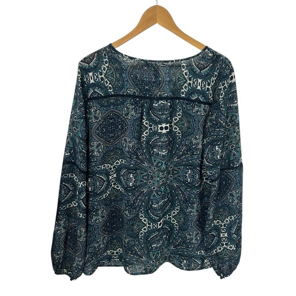 Long Tall Sally Navy Blue Pattern Sheer Tunic Bohemian Top Size 12 LTS - Picture 11 of 13